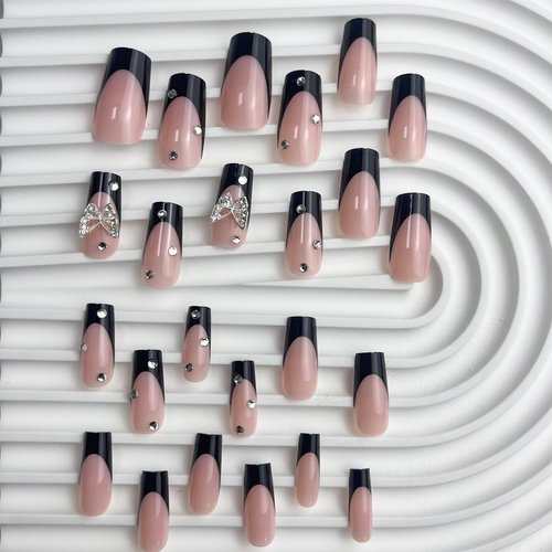French Tip Press on Nails Medium Coffin Square Black Fake Nails 3D Butterfly Charms with Rhinestones Acrylic Glue on Nails Full Cover Pink False Nails Stick on Nails for Women Girls Manicure 24Pcs
