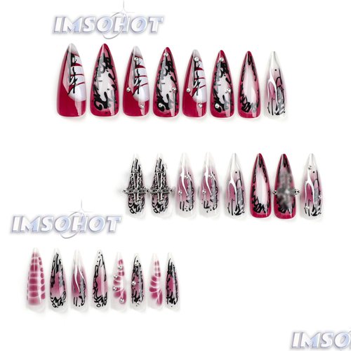 IMSOHOT Stiletto Press on Nails Long Gothic Fake Nails Black Red Ombre Glossy False Nails with Metal Cross Charms Designs Full Cover Glue on Nails 24PCS Acrylic Reusable Almond Nails