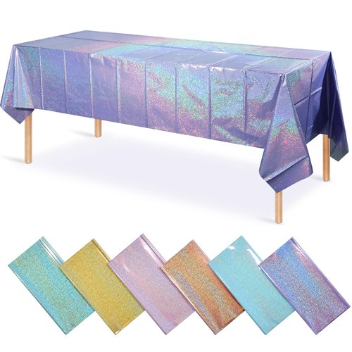 6 Pack Iridescent Pastel Plastic Tablecloth, Assorted Color Rainbow Holographic Table Cover, Disposable Pastel Iridescent Tablecloth for Birthday Wedding Baby Shower Party Decorations, 54 x 108 Inch