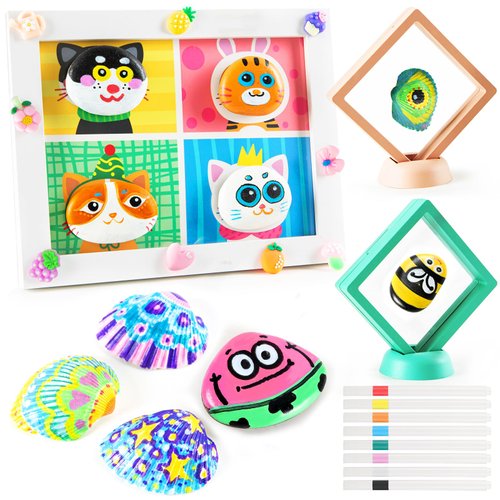 Sea Shell & Rock Painting Kit with Display Frame -Glow in The Dark Creative Craft Kits Art Supplies for Kids Arts & Crafts Toys for Boys and Girls Ages 6-12 Art Painting Gift for Birthday Activities
