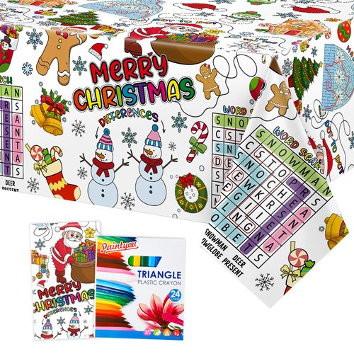 Faccito Giant Christmas Coloring Tablecloth 108 x 54 Inch Christmas Paper Table Cover with 24 Color Crayons Christmas Coloring Poster Activity Disposable Table Cloth for Kids Holiday Party Decor