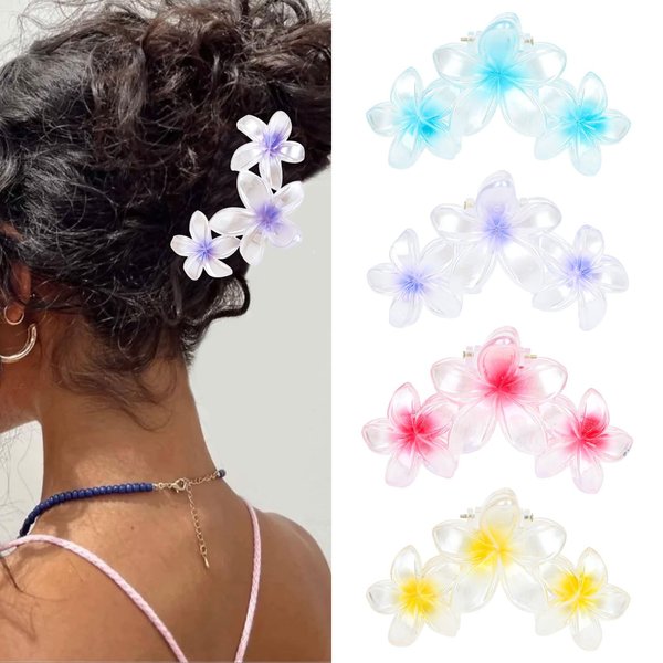 CURASA 4Pcs Flower Claw Clips Hawaiian Flower Hair Clips for Women Girls Plumeria Hair Clip Hibiscus Hair Claw Clips for Thick Hair Flower Claw Clip Pearlescent Summer Hair Accessories for Women