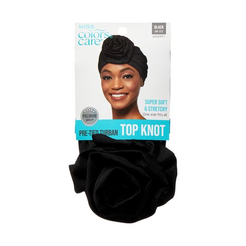 KISS COLORS & CARE Top Knot Pre-Tied Turban - Black - Stylish, Stretchy & Soft For Sleeping, Maximum Hair Protection, Minimizes Breakage, Comfortable for All Types of Hair