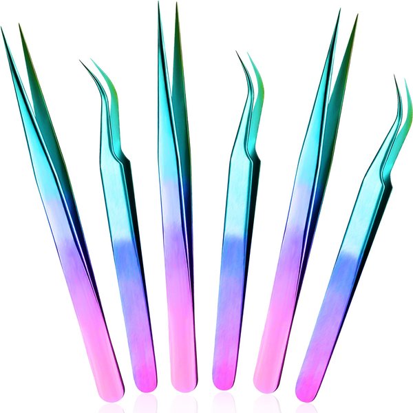 6 Pieces Eyelash Extension Tweezers, Straight and Curved Tip Stainless Steel Tweezers Nippers Volume Lash Tweezers for Eyelash Extensions False Lash Application Tools (Laser)