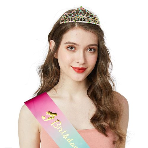 CIEHER Multi-colored Birthday Princess Crown & Birthday Sash for Women Girls, Princess Birthday Decorations Party Favors, Great Birthday Gifts Birthday Crown and Sash, Birthday Sash for Women Girls