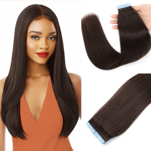 Tape in Hair Extensions Human Hair 100% Real Remy Human Hair 40g 20pcs/Set Brazilian Virgin Hair Straight Seamless Invisible Skin Weft Extensions (14 Inch,#2 Dark Brown)