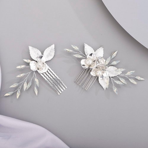 Chargances 2pcs Wedding Silver Flower Leaf Hair Comb Bridal Pearl Handmade Hair Side Comb Set Bride Flower Hair Piece Wedding Hair Accessories for Women and Girls (Silver)