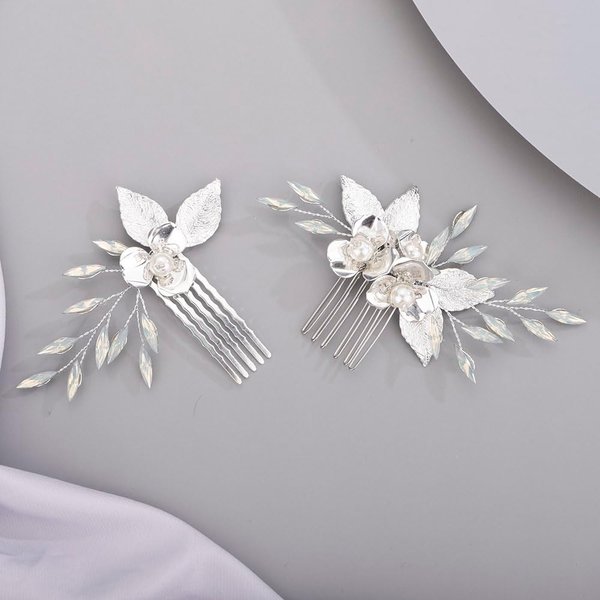 Chargances 2pcs Wedding Silver Flower Leaf Hair Comb Bridal Pearl Handmade Hair Side Comb Set Bride Flower Hair Piece Wedding Hair Accessories for Women and Girls (Silver)