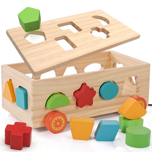 Jessruly Shape Sorter - Montessori Wooden Learning Shapes Toy with 17 Shape Blocks - Early Education and Sensory Development Storage Pull Car for Toddlers