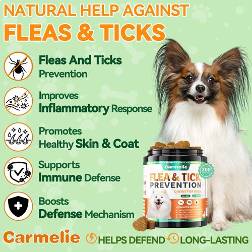 Carmelie Flea and Tick Prevention for Dogs - 200 Soft Chewables Natural Dog Flea and Tick Support - Oral Flea Supplement for All Breeds & Size Dogs, Puppy Flea Protection - Duck Flavor