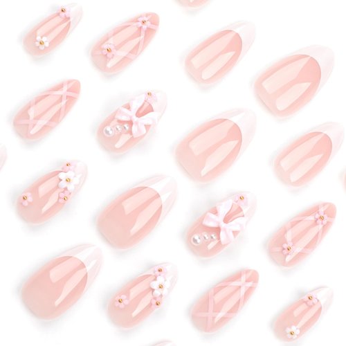 3D Bow French Tip Press on Nails Medium Long Almond Fake Nails White Pink Flower Rhinestones Design with Glossy Pearl Acrylic False Nails Glue on Nails for Women Girls Manicure Decoration 24 Pcs