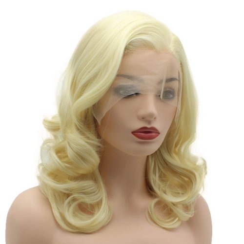 Meiyite Hair Wavy Shoulder Length 16inch Light Blonde Half Hand Tied Realistic Synthetic Lace Front Wigs