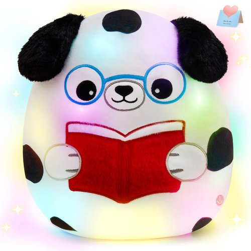 Houwsbaby 12" Light up Reading Spotted Dog Soft Plush Pillow, Creative Glowing Puppy Stuffed Animal Toy,Super Soft Squishy Presents for Kids Boys Girls Festival Birthday Christmas