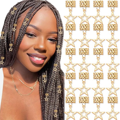 NAISKA 20PCS Gold Star Braid Clips Hair Jewelry for Braids Dreadlock Accessories Star Hair Clips Hair Charms Hair Cuffs Loc Jewelry Hair Decoration for Women Girls