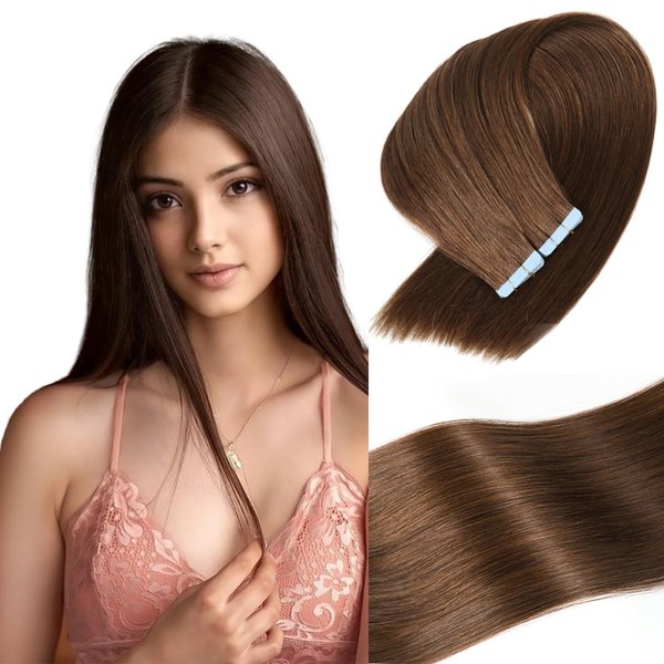 Tape in Hair Extensions Human Hair 100% Real Remy Human Hair Extensions Seamless Straight Hair extensions Real Human Hair Tape in Extensions 18 Inch 20Pieces 50g/Set #4 Chotolate Brown