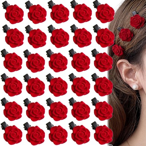 30 Pcs Red Mini Rose Flower Hair Clips, Brights Accessories Vintage Bridal Headpiece Brooch French Romanc Girls Wedding Mother's Day Halloween Birthday Valentine Christmas Party present