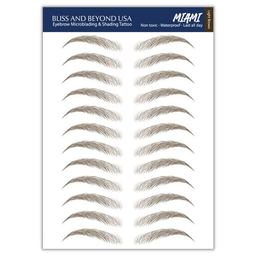 Bliss and Beyond USA | Waterproof Eyebrow Tattoo Stickers. A real hair stroke look. Hair replacement without surgery. Solution for hair loss. Bushy Tinted eyebrow tattoos. (New Miami, Light Brown)