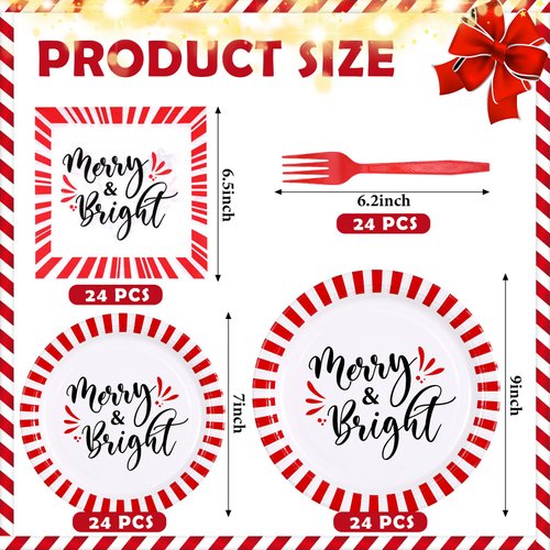 96 Pcs Christmas Party Supplies Paper Plates and Napkins Disposable Dinnerware Set Include Christmas Plates Napkins Forks for Xmas Holiday Table Decorations, Serves 24 Guests (Red White Stripe)