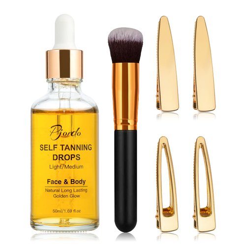 Pjordo Self Tanner Kit - Self Tanning Drops for Face & Body, Tanning Brush and Hair Clips, Self Tanner Drops to Add to Moisturizer, Sunless Tanning Drops, Bronzing Self Tan Drops, 1.69 Fl Oz