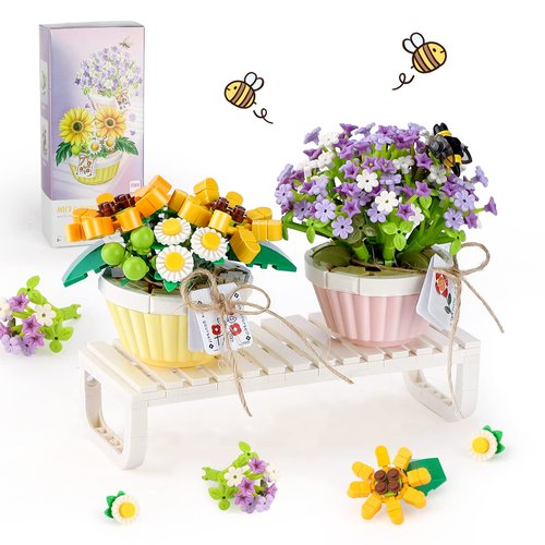Mini Bricks Flower Mini Sunflower Bonsai Tree Building Block Set 2PCS Botanical Collection Construction Building Toy, Creative Gift for Her Girls Women Adults 6+（Not Compatible with Major Brands）