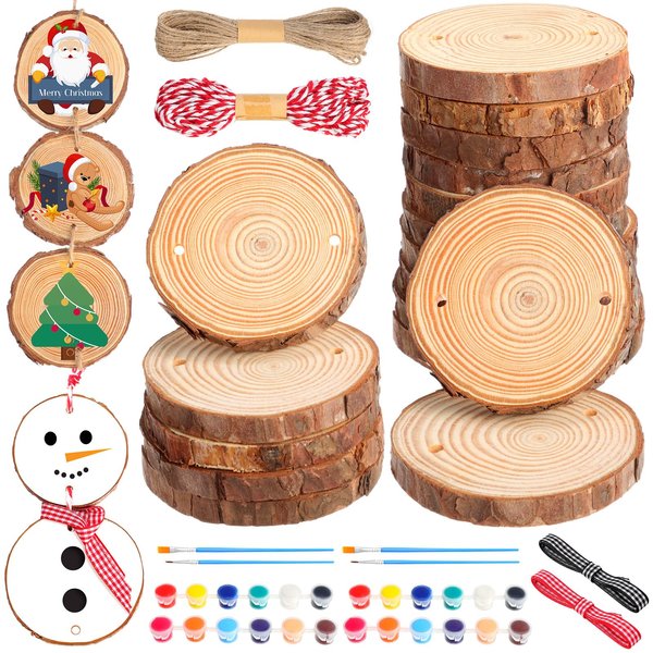 Gerrii 24 Pcs Unfinished Wood Slices with 2 Holes DIY Christmas Snowman Craft Supplies Wood Ornament Making Supplies Craft Kit for Christmas Tree HolidayTwine Scarf Snowman(2.8-3.2 Inches)
