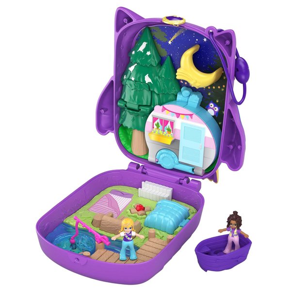 Polly Pocket Playset, Travel Toy with 2 Micro Dolls, Toy Boat & Surprise Accessories, Pocket World Owlnite Campsite Compact