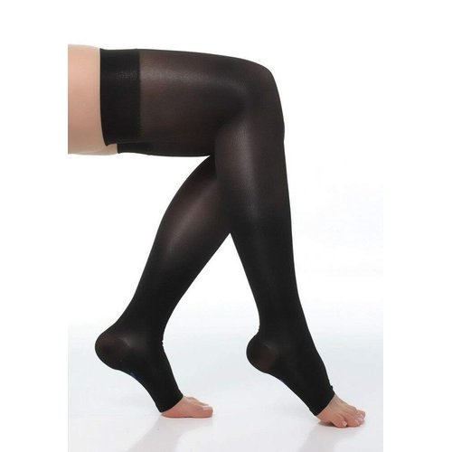 BriteLeafs Sheer Compression Stockings Thigh High 20-30 mmHg, Firm Support, Open Toe, Stay-Up Silicone Band (Small, Black)