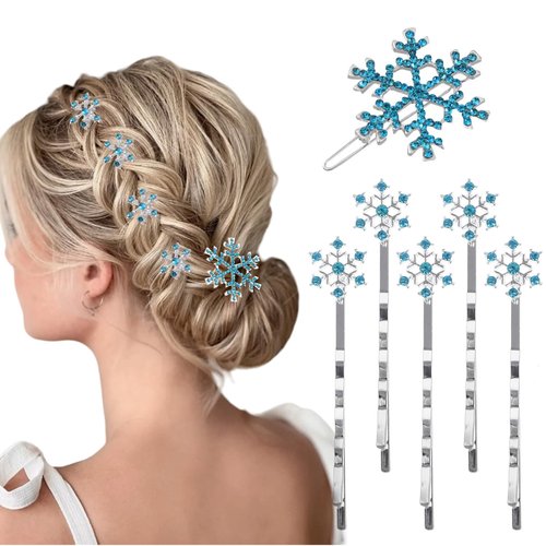 6 Pcs Christmas Snowflake Hair Clip Blue Rhinestone Crystals Bobby Hair Pins for Women Xmas Bridal Wedding Christmas Hair Accessories (Light Blue)