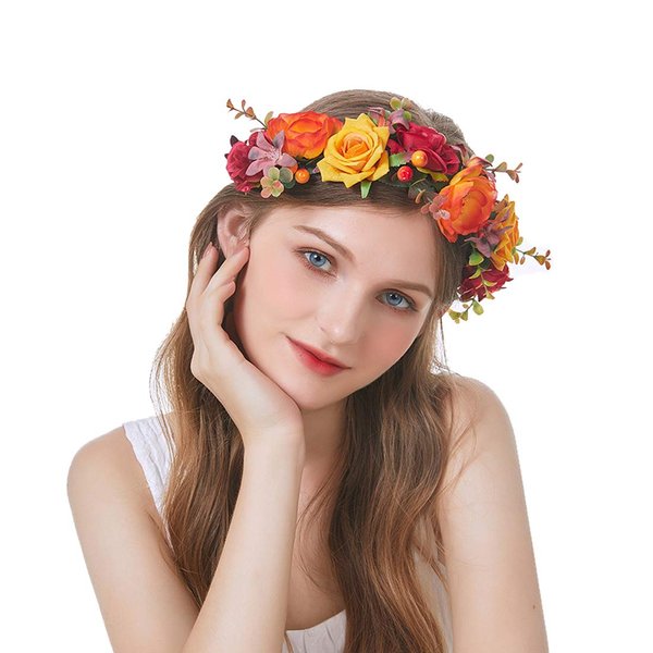 June Bloomy Women Rose Flower Crown Eucalyptus Leave Headband Baby Shower Floral Headpiece Greenery Garland Hair Wreath Photo Shoot (Orange Burgundy Yellow)