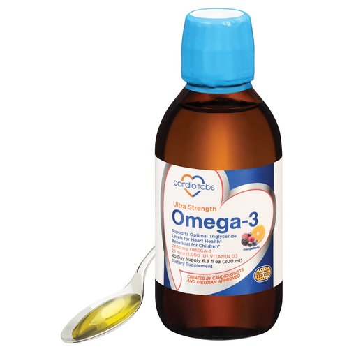 CardioTabs Ultra Strength Liquid Omega-3 + Vitamin D3, Fish Oil Supplements 4,500mg Omega-3 Marine Oil from Fish Oil and Calamarine, 2,130mg DHA and EPA, + 1,000 IU of Vitamin D3-6.8 fl oz