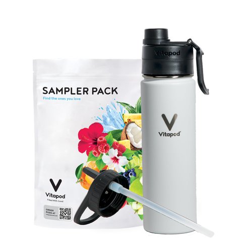 Vitapod Hydra+ Sampler Pack Water Enhancer Pods Starter Bundle, Water Flavoring, Sugar Free, Vitamin C, Vitamin D, Zinc, 20 Pods, 22 oz Stainless Steel Water Bottle, White
