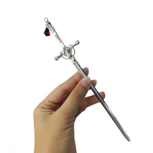 Ancient Style Sword Hair Chopsticks,Chinese Style Hair Pin Sword Hair Sticks for Bun with Red Gem Hair Accessories for Women Girls Long Hair,Silver Ruby
