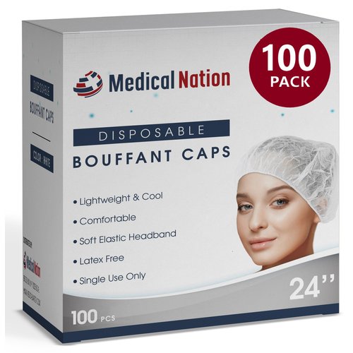 MEDICAL NATION 24" Hair Net Disposable Bouffant Caps |100 Pack, White| Hairnets, Hair Cover, Non-Pleated Unisex | Perfect for Work, Medical, Labs, Nurse, Tattoo, Hair Nets Food Service| Size 24" White