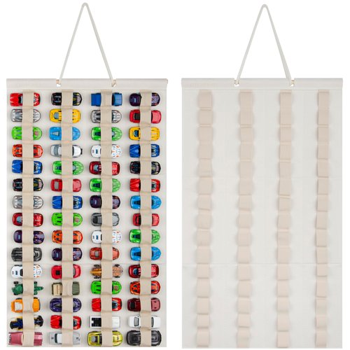 JOYMOMO Hanging Storage Organizer for Hot Wheels Felt Display Case for Hot Wheels Hold Up 60 Toy Cars (Without Accessories) (Cream)