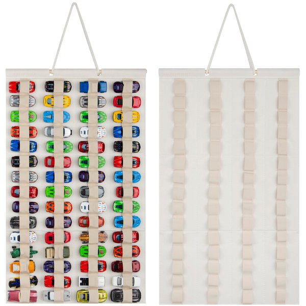JOYMOMO Hanging Storage Organizer for Hot Wheels Felt Display Case for Hot Wheels Hold Up 60 Toy Cars (Without Accessories) (Cream)