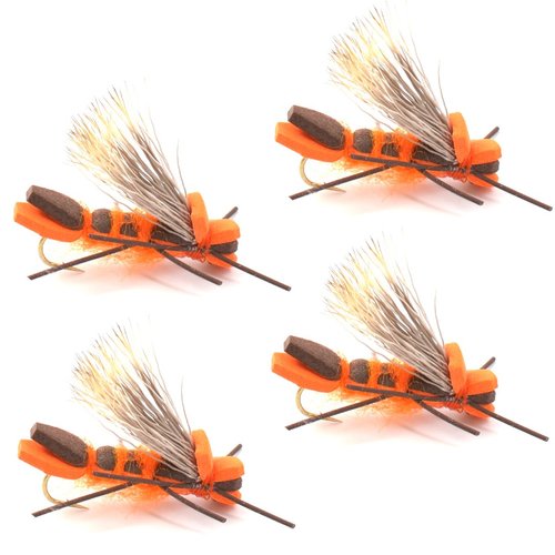 The Fly Fishing Place Godzilla Hopper Fly Fishing Flies - Orange High Visibility Grasshopper or Stonefly Dry Fly - 4 Flies Hook Size 8