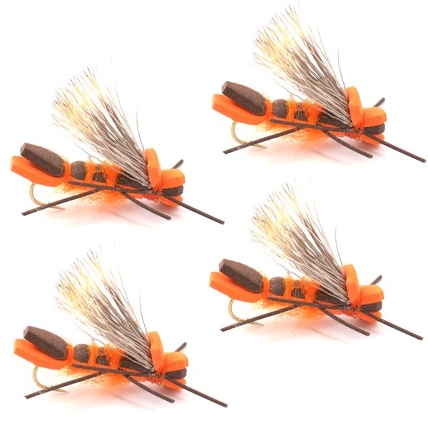 The Fly Fishing Place Godzilla Hopper Fly Fishing Flies - Orange High Visibility Grasshopper or Stonefly Dry Fly - 4 Flies Hook Size 8