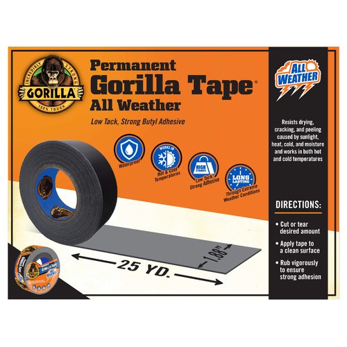 Gorilla All Weather Outdoor Waterproof Duct Tape, UV and Temperature Resistant, 1.88" x 25 yd, Black, (Pack of 1)