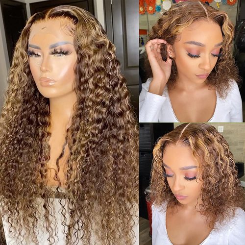 CYNOSURE 13x5 Curly Honey Blond Ombre Color Highlight Lace Front Human Hair Wigs for Women Invisible Pre Plucked (16 Inch, Highlight)