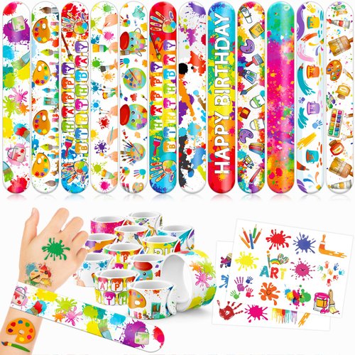 48PCS Art Party Favors 24PCS Tattoos 24PCS Slap Bracelets Wristbands Themed Birthdays Party Supplies Decorations Decor Artistry Painting Creativity Pattern Girls Boys Gifts Classroom Prize Reward