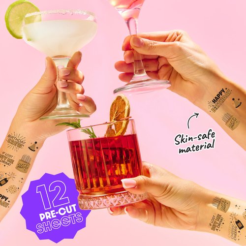 Big Dot of Happiness Happy Birthday Gold Temporary Tattoos for Adults, Birthday Party Favors, Night Out Accessory, Black and Gold Party Supplies, 12 Sheets