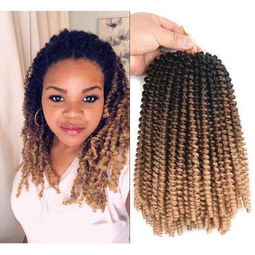 Spring Twist Crochet Hair 8 Inch Bomb Twist Fluffy Spring Crochet Ombre Braiding Hair Afro Curly Braids Synthetic Braids Hair Extensions 3packs(Black/Brown/Light Brown)