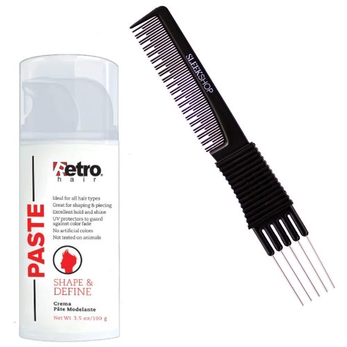 Retro Hair PASTE for All Hair Types, Shaping & Piecing (w/Sleek Premium Carbon Teasing Comb) Hold & Shine like gel, pomade, cream, clay (3.5 oz / 100 g (PACK OF 1))