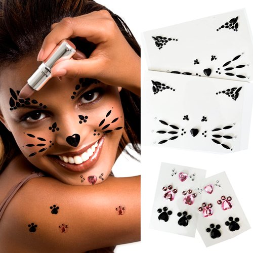 Crystal Cat Face Jewels, Pink Cat Print Gems, 2-Sheet Black Cat Eye Gems Sticker and 2-Sheet Fake Cat Lash Gems Tattoo Stick on Face for Women Kids Cat Halloween Makeup