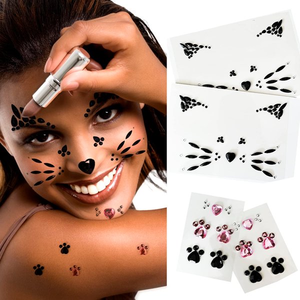 Crystal Cat Face Jewels, Pink Cat Print Gems, 2-Sheet Black Cat Eye Gems Sticker and 2-Sheet Fake Cat Lash Gems Tattoo Stick on Face for Women Kids Cat Halloween Makeup