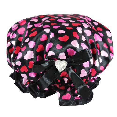 Kella Milla Stylish Satin Shower Cap - Hearts & Black Bow