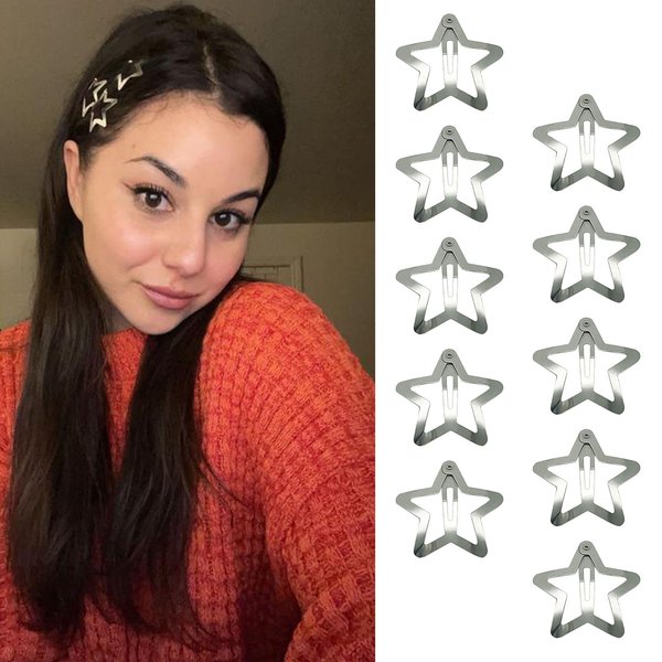 GKETN 10 PCS 1.22" Star Hair Clips Snap Hair Barrettes Non Slip Star Hair Accessories for Girls Women Cute Lovely 2000s Y2K Silver Metal Hair Clips