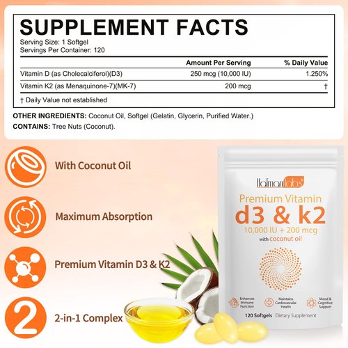 MXCZBSM Vitamin D3 K2 Supplement Softgel, Vitamin D3 K2 Softgel with 10000 IU Supports Immune, Heart, Teeth & Bone Health, Free of GMO, Gluten, Soy