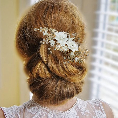 Sooshin Hair Comb for Brides, Porcelain Flower Wedding Hair Accessories, Crystal Rhinestone Headpiece for Bride and Bridesmaids, Hair Accessory for Women and Girls (Gold-B)