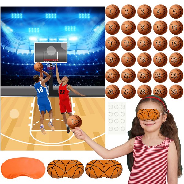 PLULON Basketball Party Game for Kids Pin The Basketball on The Hoop Game Basketball Poster with Basketball Stickers for Boys Girls Birthday Party Wall Decorations Classroom Activities